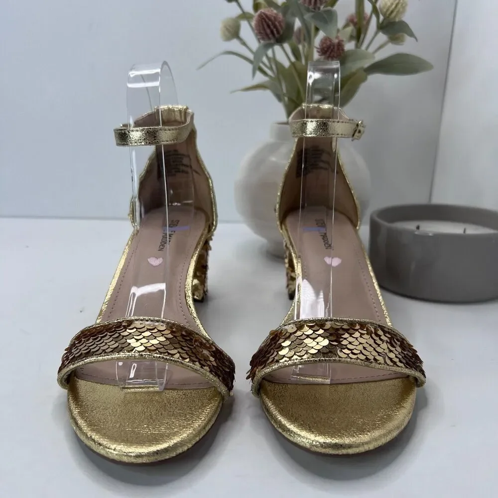 Steve Madden Carrson Sandal Gold Sequin Ankle Strap Block Heel Women's US 6 M